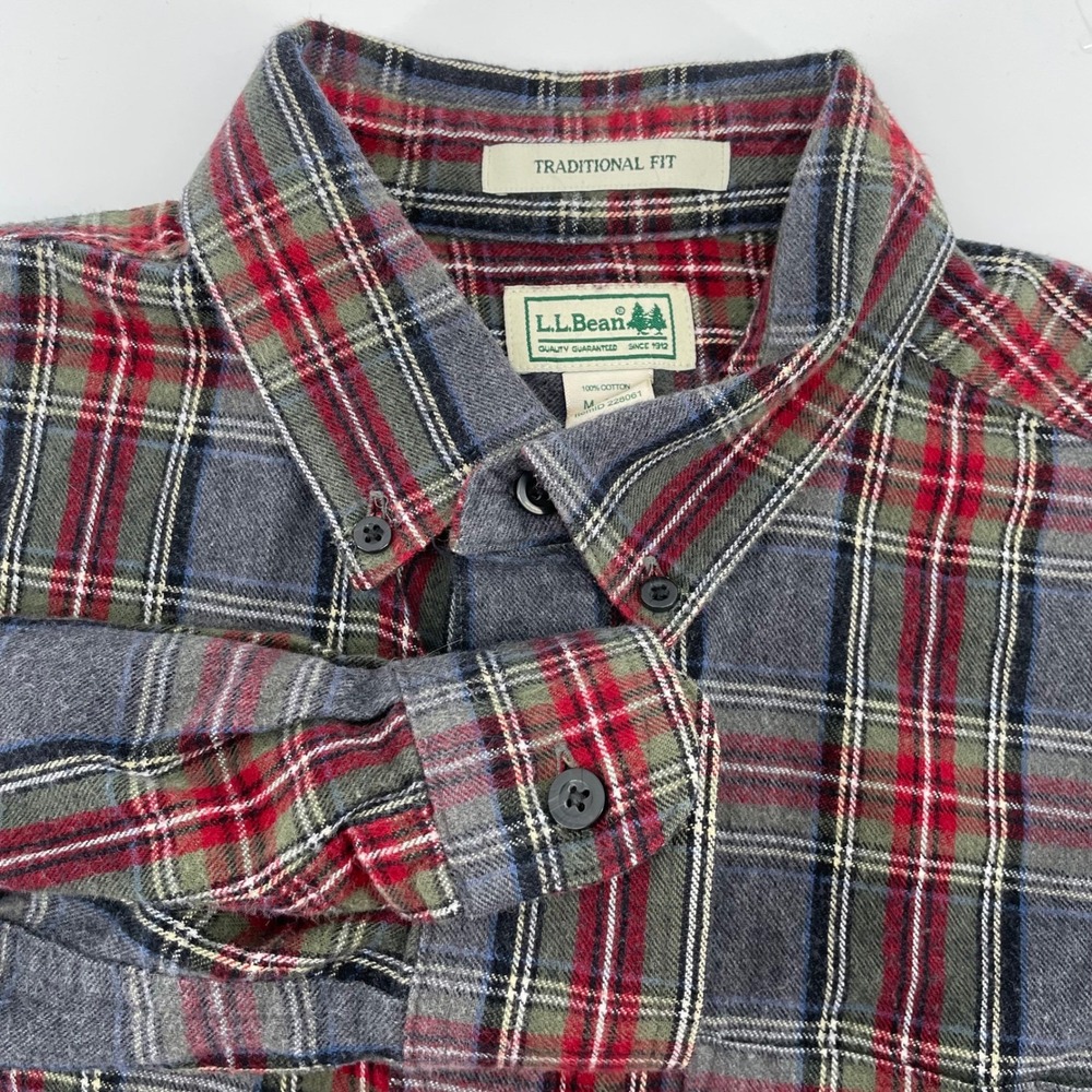 L.L Bean Men's Flannel Shirt Medium Traditional Fit Plaid Grey Red Cotton